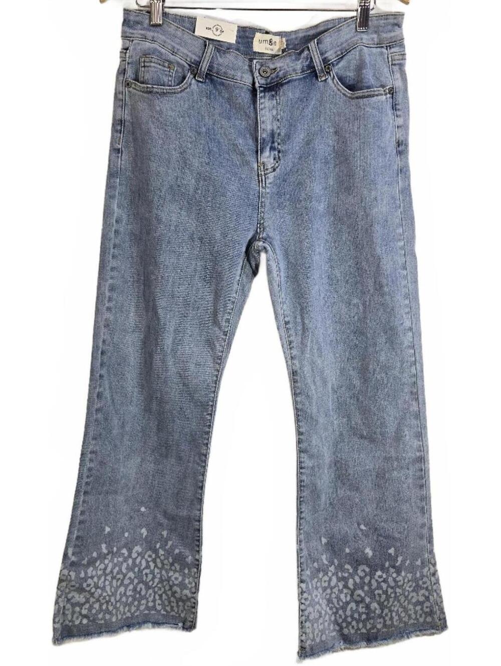 Umgee Light Wash Denim Jeans with Leopard Print Hem Juniors Size 9